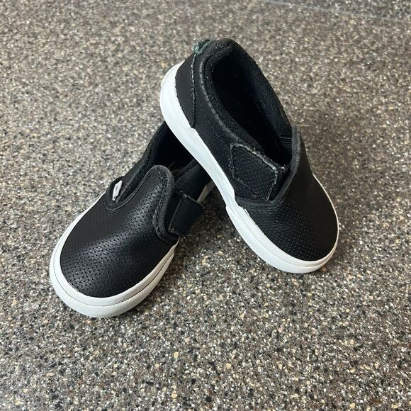 Vans Classic Little Kids Toddler Sz 6 Black Leather Sneaker Shoe Snap On Low Top - Picture 2 of 10
